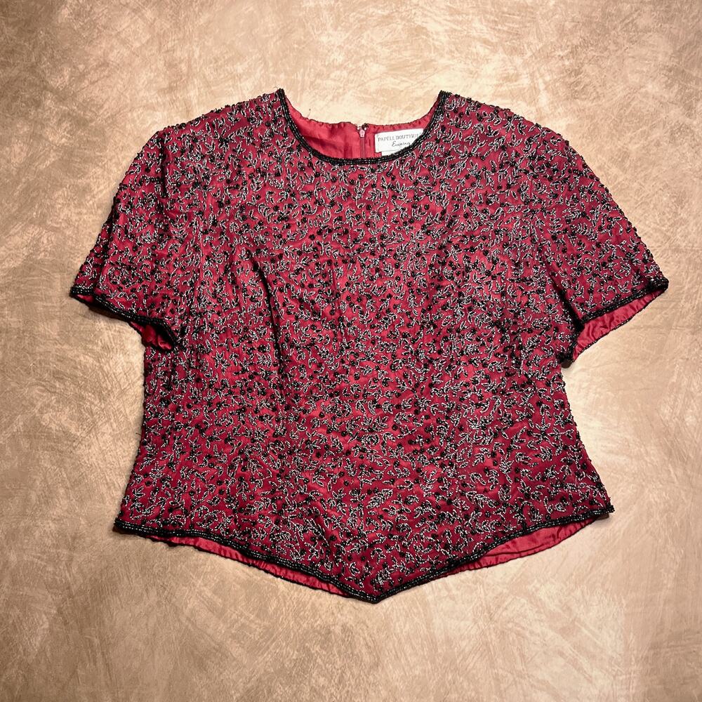 Papell Boutique Evening Vintage Beaded Medieval Top Red Floral Silk Renaissance